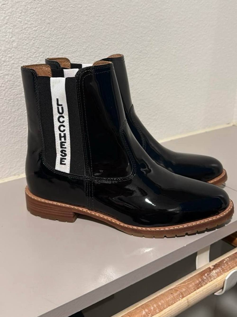 Lucchese Black Patent Chelsea Boots with White Logo Panel
